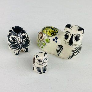 3 Piece Set Vintage Tonala Pottery Figures Cats Owl Bird Two Signed Collectibles